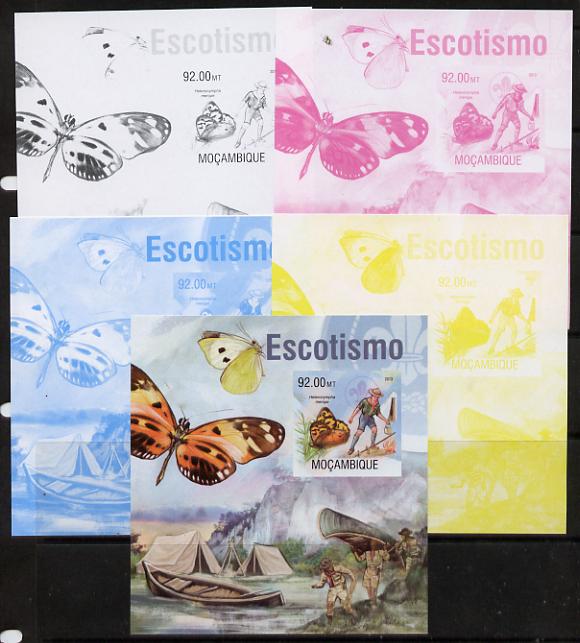 Mozambique 2013 Scouting & Butterflies #2 m/sheet - the set of 5 imperf progressive proofs comprising the 4 individual colours plus all 4-colour composite, unmounted mint..., stamps on scouts, stamps on butterflies, stamps on canoes, stamps on 