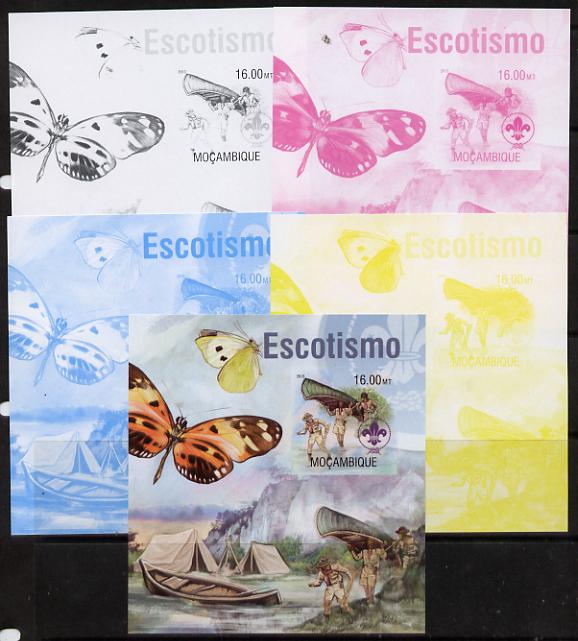 Mozambique 2013 Scouting & Butterflies #4 m/sheet - the set of 5 imperf progressive proofs comprising the 4 individual colours plus all 4-colour composite, unmounted mint , stamps on scouts, stamps on butterflies, stamps on canoes, stamps on 