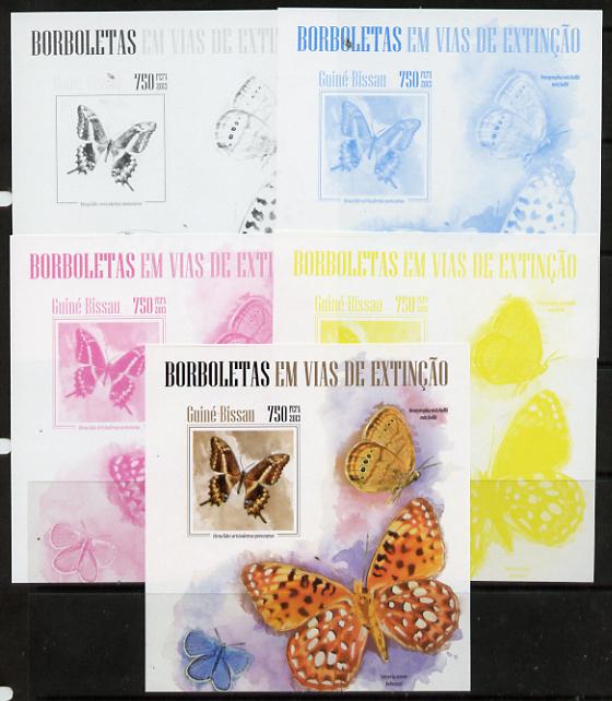 Guinea - Bissau 2013 Butterflies #07 m/sheet - the set of 5 imperf progressive proofs comprising the 4 individual colours plus all 4-colour composite, unmounted mint , stamps on butterflies