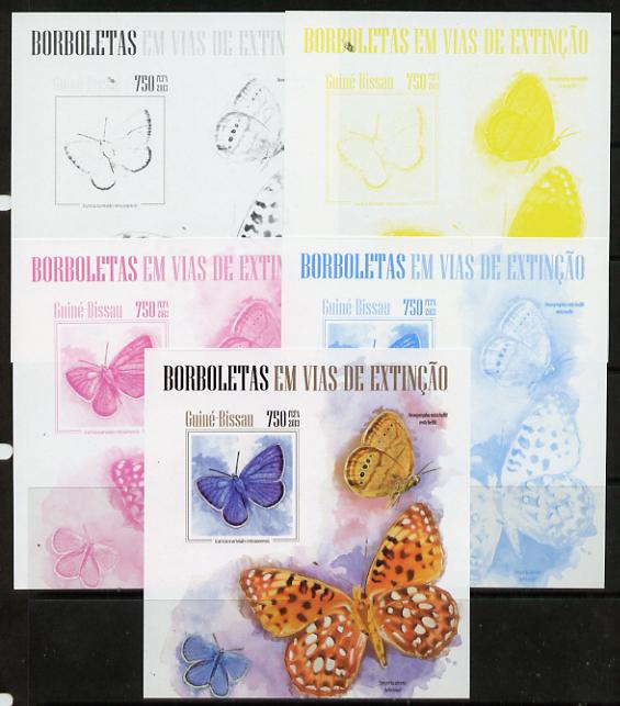 Guinea - Bissau 2013 Butterflies #08 m/sheet - the set of 5 imperf progressive proofs comprising the 4 individual colours plus all 4-colour composite, unmounted mint , stamps on butterflies
