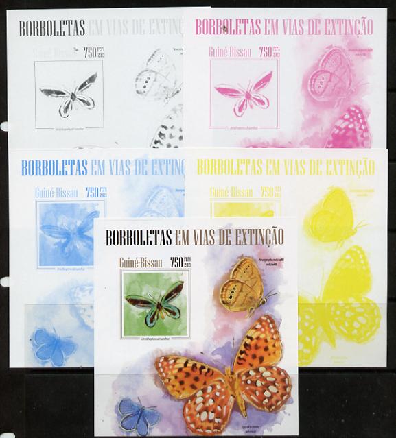 Guinea - Bissau 2013 Butterflies #09 m/sheet - the set of 5 imperf progressive proofs comprising the 4 individual colours plus all 4-colour composite, unmounted mint , stamps on butterflies