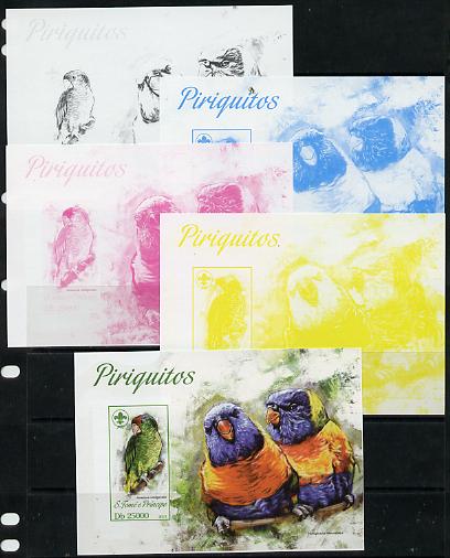 St Thomas & Prince Islands 2013 Parrots #1 with Scout Logo - the set of 5 imperf progressive proofs comprising the 4 individual colours plus all 4-colour composite, unmounted mint, stamps on scouts, stamps on birds, stamps on parrots