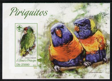 St Thomas & Prince Islands 2013 Parrots #2 with Scout Logo imperf m/sheet unmounted mint. Note this item is privately produced and is offered purely on its thematic appea..., stamps on scouts, stamps on birds, stamps on parrots