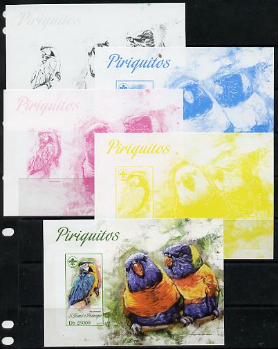 St Thomas & Prince Islands 2013 Parrots #2 with Scout Logo - the set of 5 imperf progressive proofs comprising the 4 individual colours plus all 4-colour composite, unmou..., stamps on scouts, stamps on birds, stamps on parrots