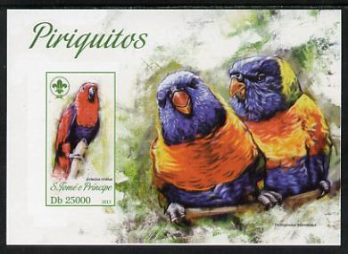 St Thomas & Prince Islands 2013 Parrots #4 with Scout Logo imperf m/sheet unmounted mint. Note this item is privately produced and is offered purely on its thematic appea..., stamps on scouts, stamps on birds, stamps on parrots