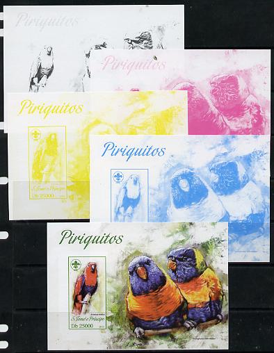 St Thomas & Prince Islands 2013 Parrots #4 with Scout Logo - the set of 5 imperf progressive proofs comprising the 4 individual colours plus all 4-colour composite, unmounted mint, stamps on scouts, stamps on birds, stamps on parrots