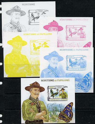 Burundi 2013 Scouting & Butterflies #3 - the set of 5 imperf progressive proofs comprising the 4 individual colours plus all 4-colour composite, unmounted mint, stamps on scouts, stamps on birds, stamps on parrots