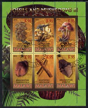 Malawi 2010 Fossils & Mushrooms #1 perf sheetlet containing 6 values cto used, stamps on fossils, stamps on minerals, stamps on fungi