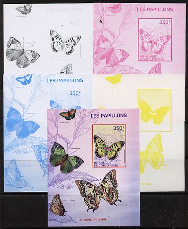 Ivory Coast 2014 Butterflies #2 m/sheet - the set of 5 imperf progressive proofs comprising the 4 individual colours plus all 4-colour composite, unmounted mint , stamps on butterflies, stamps on 