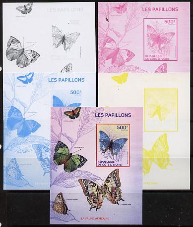 Ivory Coast 2014 Butterflies #3 m/sheet - the set of 5 imperf progressive proofs comprising the 4 individual colours plus all 4-colour composite, unmounted mint , stamps on butterflies, stamps on 