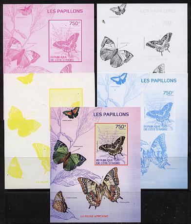 Ivory Coast 2014 Butterflies #4 m/sheet - the set of 5 imperf progressive proofs comprising the 4 individual colours plus all 4-colour composite, unmounted mint , stamps on butterflies, stamps on 
