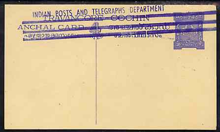 Indian States - Travancore-Cochin 1950c 4 pies p/stat card (Elephants) as H & G 4 but handstamped Indian Posts And Telegraphs Department & original text and stamp obliter..., stamps on elephants, stamps on  kg6 , stamps on 