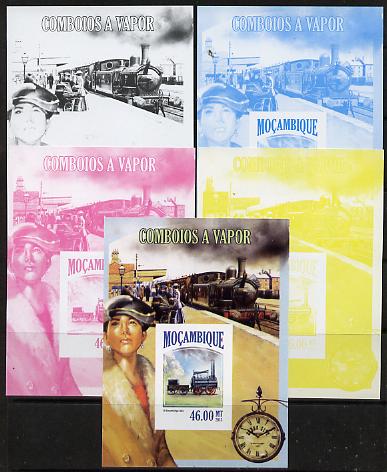Mozambique 2013 Steam Trains #05 m/sheet - the set of 5 imperf progressive proofs comprising the 4 individual colours plus all 4-colour composite, unmounted mint , stamps on railways, stamps on clocks