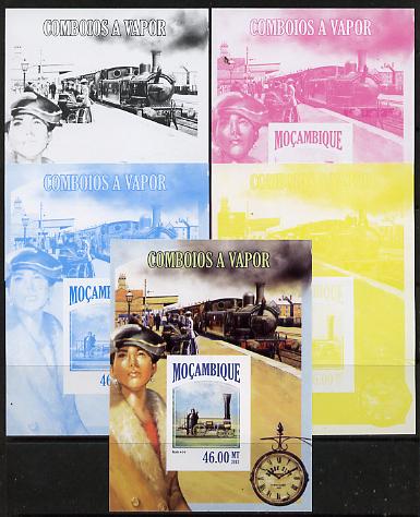 Mozambique 2013 Steam Trains #07 m/sheet - the set of 5 imperf progressive proofs comprising the 4 individual colours plus all 4-colour composite, unmounted mint , stamps on railways, stamps on clocks