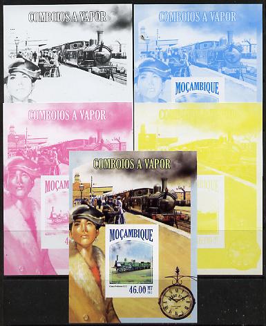 Mozambique 2013 Steam Trains #08 m/sheet - the set of 5 imperf progressive proofs comprising the 4 individual colours plus all 4-colour composite, unmounted mint , stamps on railways, stamps on clocks