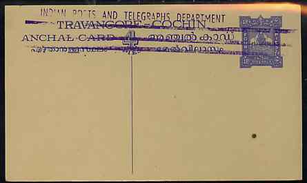Indian States - Travancore-Cochin 1950c 4 pies p/stat card (Elephants) as H & G 4 but handstamped 'Indian Posts And Telegraphs Department' & original text and stamp obliterated with three lines in violet, stamps on elephants, stamps on  kg6 , stamps on 