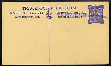 Indian States - Travancore-Cochin 1950c 4 pies p/stat card (Elephants) as H & G 4 but handstamped Indian Posts And Telegraphs Department in violet, stamps on elephants, stamps on  kg6 , stamps on 
