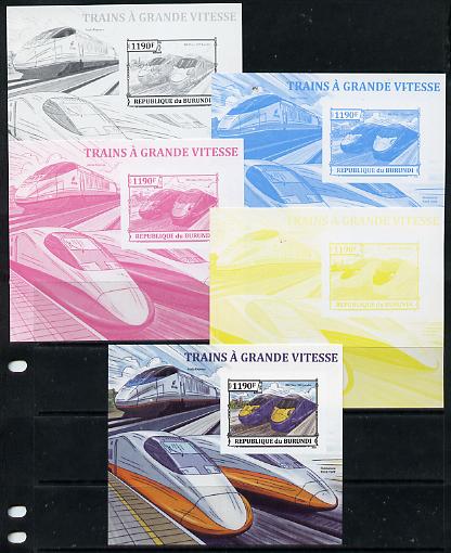 Burundi 2013 High Speed Trains - 395 Javelin deluxe sheet - the set of 5 imperf progressive proofs comprising the 4 individual colours plus all 4-colour composite, unmoun..., stamps on railways