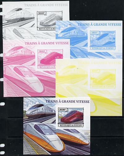 Burundi 2013 High Speed Trains - NTV Alstom AGV ETR 575 deluxe sheet - the set of 5 imperf progressive proofs comprising the 4 individual colours plus all 4-colour compos..., stamps on railways