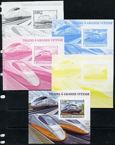 Burundi 2013 High Speed Trains - SNCF TGV Atlantique deluxe sheet - the set of 5 imperf progressive proofs comprising the 4 individual colours plus all 4-colour composite..., stamps on railways