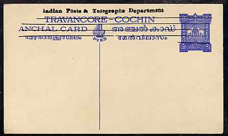 Indian States - Travancore-Cochin 1950c 4 pies p/stat card (Elephants) as H & G 4 but overprinted 'Indian Posts And Telegraphs Department' in black, original text obliterated with four horiz lines and stamp obliterated with five, stamps on elephants, stamps on  kg6 , stamps on 