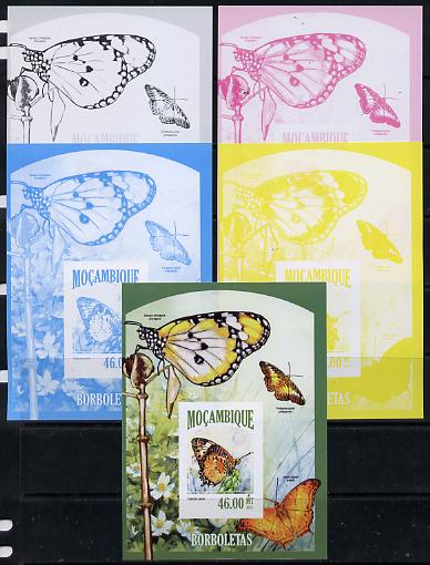 Mozambique 2013 Butterflies #8 deluxe sheet - the set of 5 imperf progressive proofs comprising the 4 individual colours plus all 4-colour composite, unmounted mint , stamps on butterflies