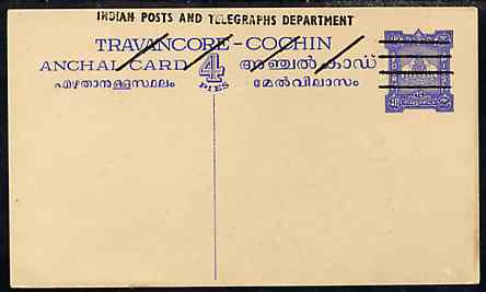 Indian States - Travancore-Cochin 1950c 4 pies p/stat card (Elephants) as H & G 4 but overprinted 'Indian Posts And Telegraphs Department' in black, original text obliterated with four diagonal lines and stamp obliterated with four horizontal lines, stamps on elephants, stamps on  kg6 , stamps on 