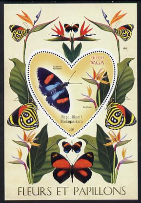 Madagascar 2014 Flowers & Butterflies #1 perf souvenir sheet containing heart shaped value unmounted mint , stamps on butterflies, stamps on shaped, stamps on flowers