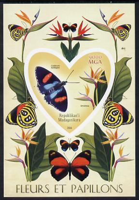 Madagascar 2014 Flowers & Butterflies #1 imperf souvenir sheet containing heart shaped value unmounted mint , stamps on butterflies, stamps on shaped, stamps on flowers