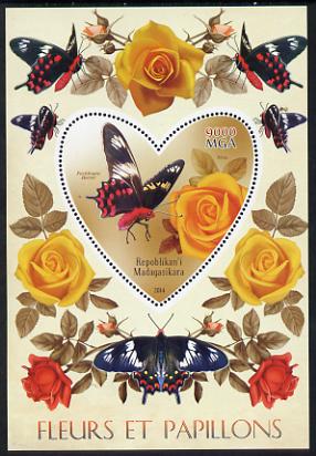 Madagascar 2014 Flowers & Butterflies #2 perf souvenir sheet containing heart shaped value unmounted mint , stamps on butterflies, stamps on shaped, stamps on flowers