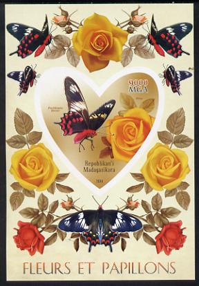 Madagascar 2014 Flowers & Butterflies #2 imperf souvenir sheet containing heart shaped value unmounted mint , stamps on butterflies, stamps on shaped, stamps on flowers