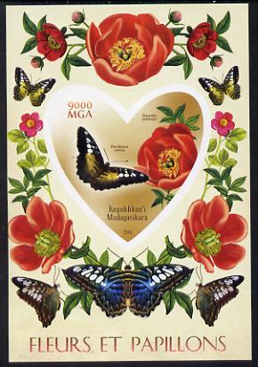 Madagascar 2014 Flowers & Butterflies #3 imperf souvenir sheet containing heart shaped value unmounted mint , stamps on butterflies, stamps on shaped, stamps on flowers