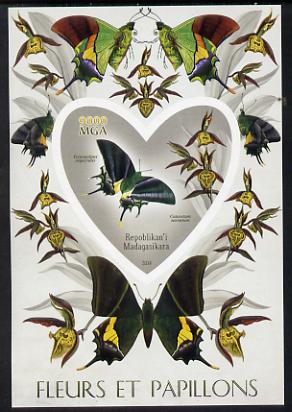 Madagascar 2014 Flowers & Butterflies #4 imperf souvenir sheet containing heart shaped value unmounted mint , stamps on butterflies, stamps on shaped, stamps on flowers