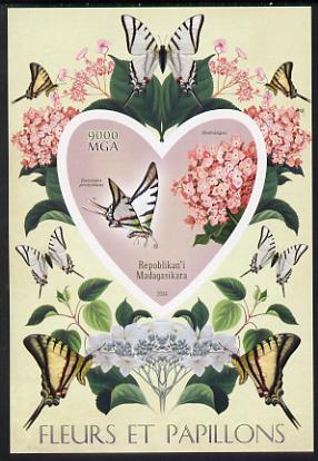 Madagascar 2014 Flowers & Butterflies #5 imperf souvenir sheet containing heart shaped value unmounted mint , stamps on butterflies, stamps on shaped, stamps on flowers