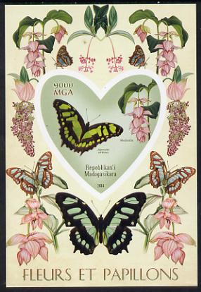 Madagascar 2014 Flowers & Butterflies #6 imperf souvenir sheet containing heart shaped value unmounted mint , stamps on butterflies, stamps on shaped, stamps on flowers