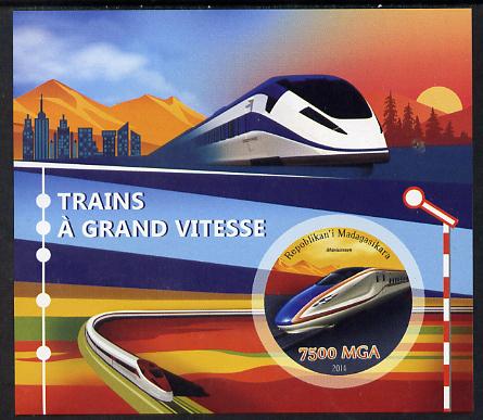 Madagascar 2014 High Speed Trains imperf souvenir sheet containing circular shaped value unmounted mint , stamps on shaped, stamps on railways