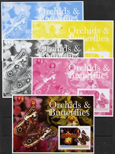 Afghanistan 2003 Orchids & Butterflies (with baden Powell) souvenir sheet - the set of 5 imperf progressive proofs comprising the 4 individual colours plus all 4-colour c..., stamps on flowers, stamps on orchids, stamps on butterflies, stamps on scouts, stamps on 
