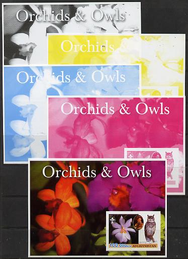 Afghanistan 2003 Orchids & Owls (with baden Powell) souvenir sheet - the set of 5 imperf progressive proofs comprising the 4 individual colours plus all 4-colour composit..., stamps on flowers, stamps on orchids, stamps on birds, stamps on scouts, stamps on birds of prey, stamps on 
