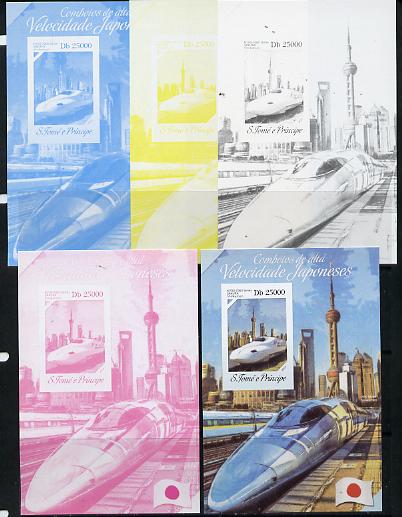 St Thomas & Prince Islands 2014 Japanese High Speed Trains #1 s/sheet - the set of 5 imperf progressive proofs comprising the 4 individual colours plus all 4-colour compo..., stamps on railways