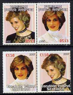 Easdale 2007 Princess Diana \A31.50 #1 perf se-tenant pair with images transposed and Country, value & date inverted (normal shown here for comparison but is not included) unmounted mint, stamps on personalities, stamps on diana, stamps on royalty, stamps on women