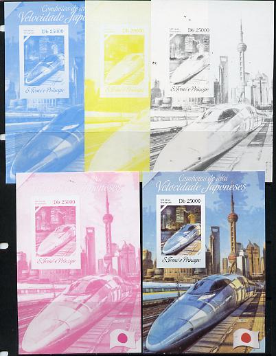 St Thomas & Prince Islands 2014 Japanese High Speed Trains #2 s/sheet - the set of 5 imperf progressive proofs comprising the 4 individual colours plus all 4-colour composite, unmounted mint , stamps on railways