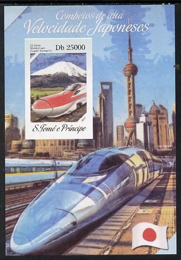 St Thomas & Prince Islands 2014 Japanese High Speed Trains #3 imperf s/sheet #1 unmounted mint. Note this item is privately produced and is offered purely on its thematic..., stamps on railways