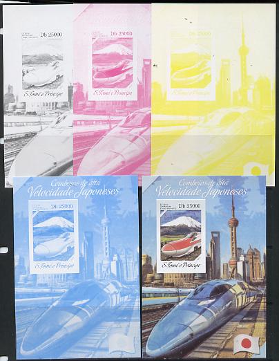 St Thomas & Prince Islands 2014 Japanese High Speed Trains #3 s/sheet - the set of 5 imperf progressive proofs comprising the 4 individual colours plus all 4-colour composite, unmounted mint , stamps on railways