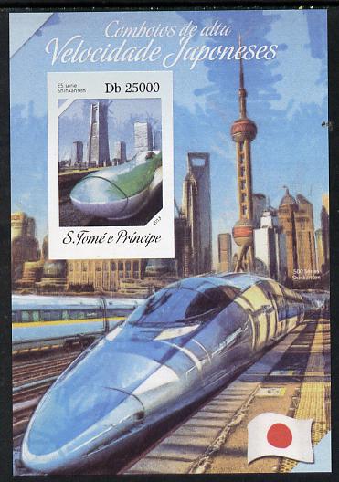 St Thomas & Prince Islands 2014 Japanese High Speed Trains #4 imperf s/sheet #1 unmounted mint. Note this item is privately produced and is offered purely on its thematic..., stamps on railways
