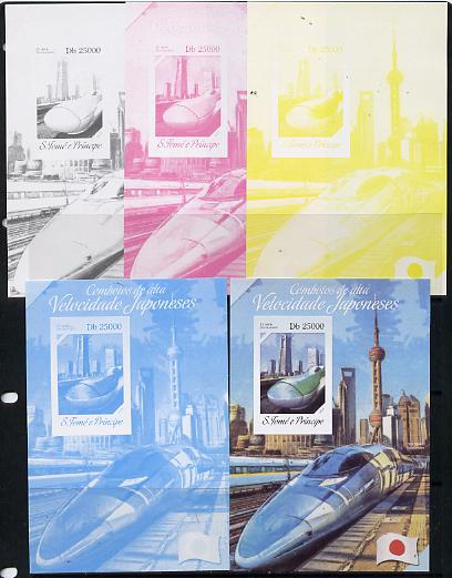 St Thomas & Prince Islands 2014 Japanese High Speed Trains #4 s/sheet - the set of 5 imperf progressive proofs comprising the 4 individual colours plus all 4-colour compo..., stamps on railways