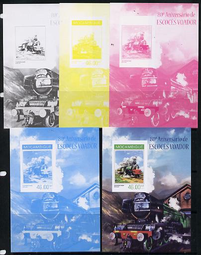 Mozambique 2014 80th Anniversary of Flying Scotsman #1 s/sheet - the set of 5 imperf progressive proofs comprising the 4 individual colours plus all 4-colour composite, u..., stamps on railways, stamps on scots
