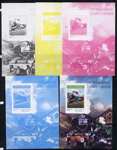 Mozambique 2014 80th Anniversary of Flying Scotsman #2 s/sheet - the set of 5 imperf progressive proofs comprising the 4 individual colours plus all 4-colour composite, unmounted mint , stamps on railways, stamps on scots