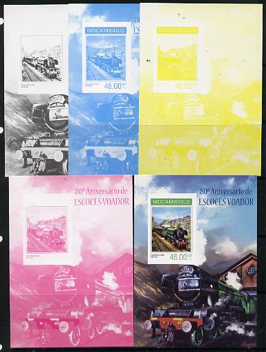 Mozambique 2014 80th Anniversary of Flying Scotsman #4 s/sheet - the set of 5 imperf progressive proofs comprising the 4 individual colours plus all 4-colour composite, unmounted mint , stamps on railways, stamps on scots