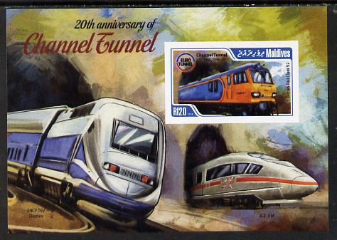 Maldive Islands 2014 20th Anniversary of Channel Tunnel #4 imperf s/sheet unmounted mint. Note this item is privately produced and is offered purely on its thematic appea..., stamps on railways, stamps on tunnels, stamps on civil engineering