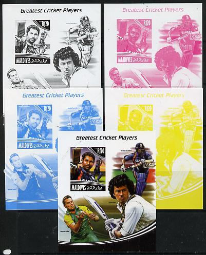 Maldive Islands 2014 Greatest Cricket Players - Sachin Tendulkar s/sheet - the set of 5 imperf progressive proofs comprising the 4 individual colours plus all 4-colour co..., stamps on personalities, stamps on sport, stamps on cricket